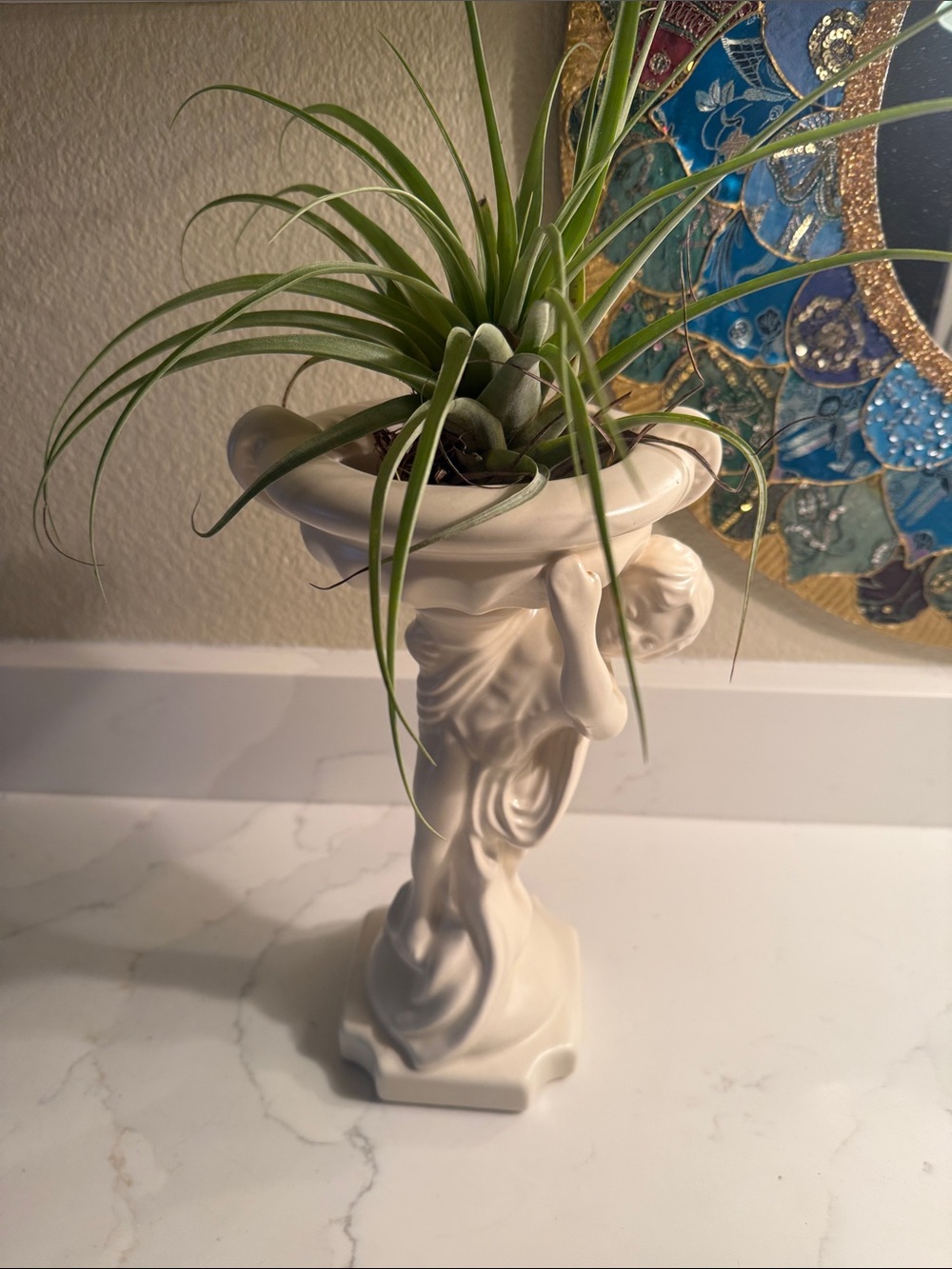 Vintage Haeger Ceramic Cherub Pedestal Planter Off White
